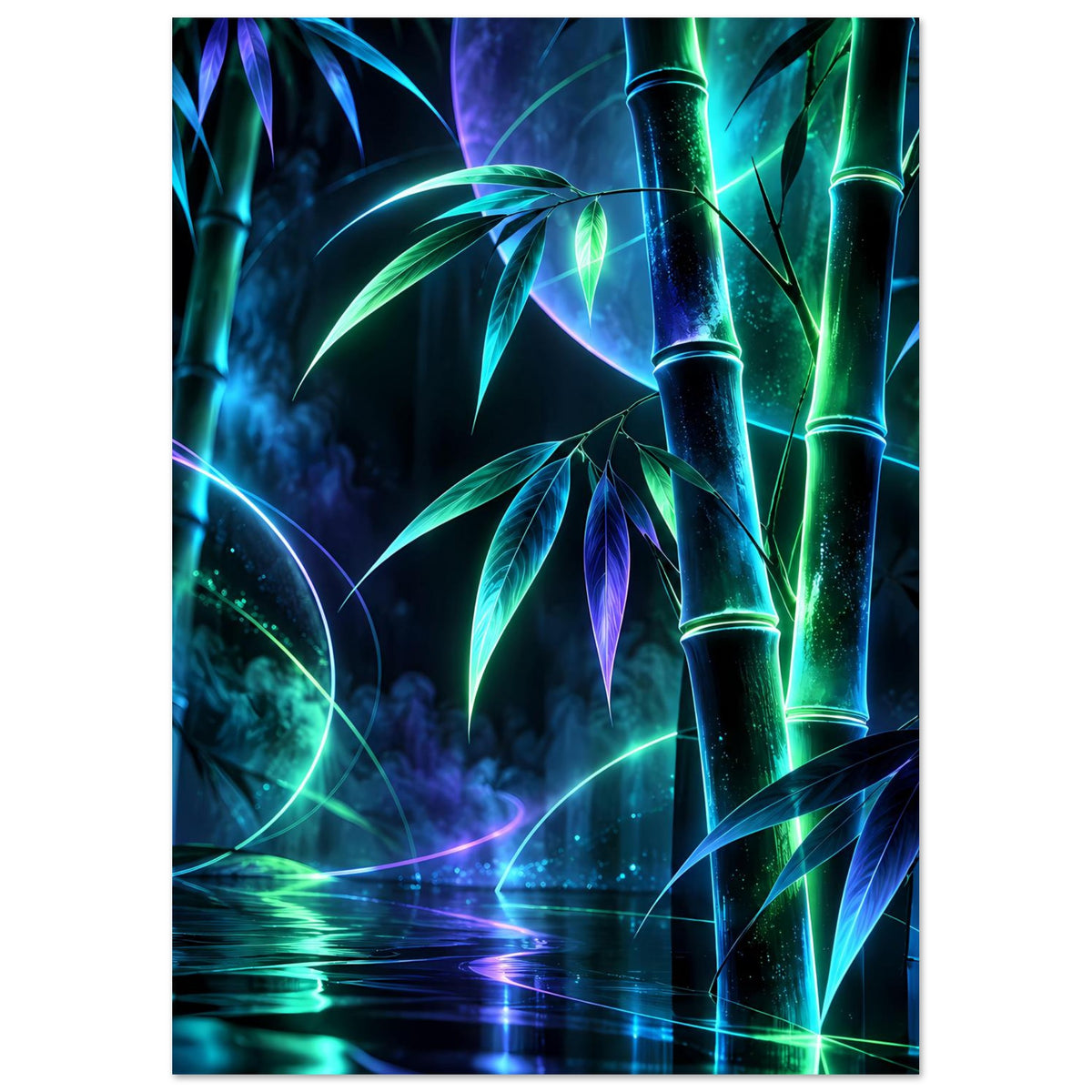 Neon-Bambusposter im Hochformat mit leuchtenden Bambusblättern und violetten Lichtlinien
