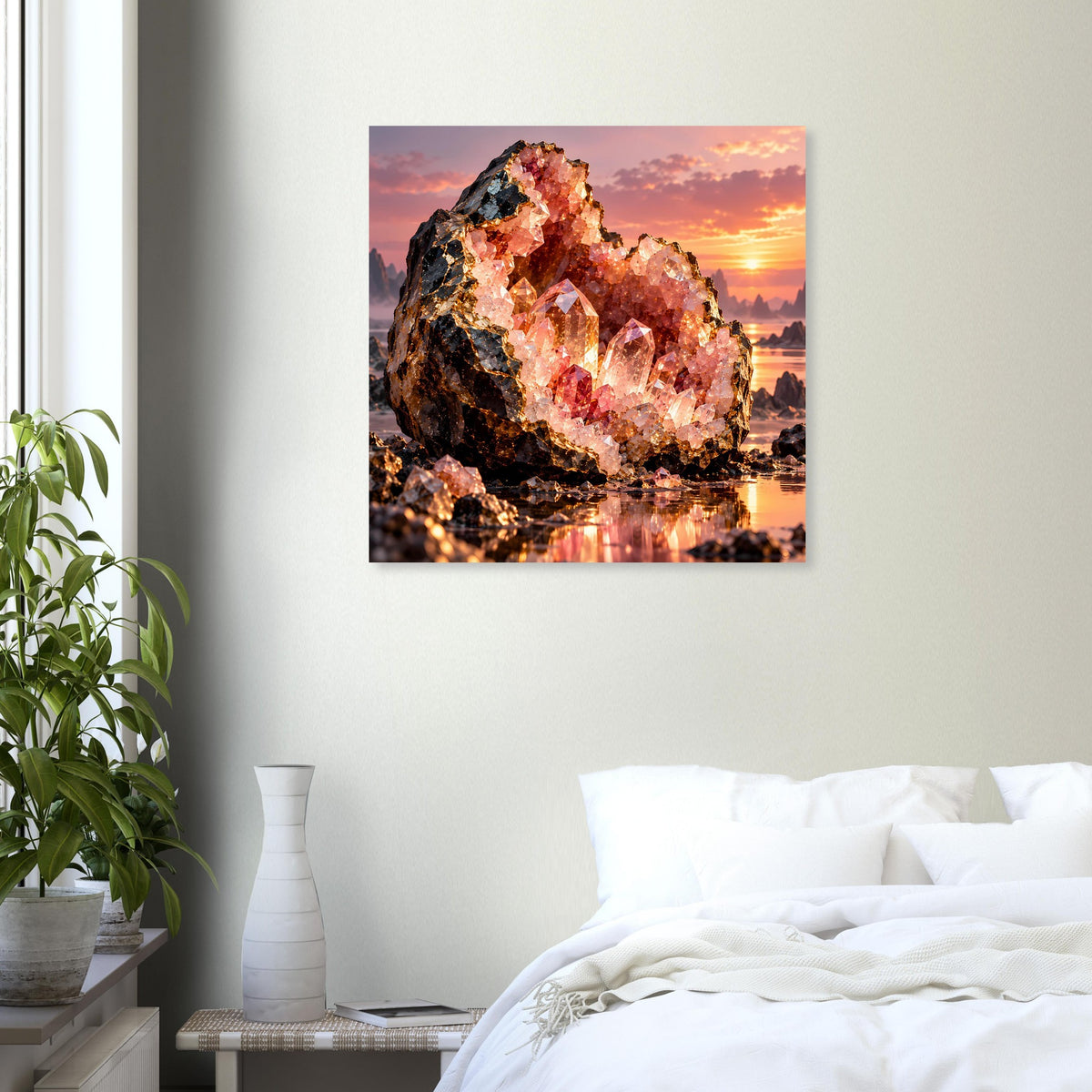 Kristallgeoden-Poster im Quadratformat, leuchtende Kristalle mit Spiegelung