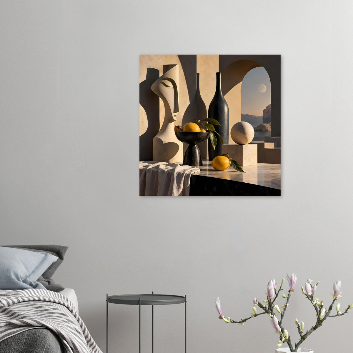 Wandposter: Stillleben mit schwarzer Vase, Schale mit Zitronen, abstrakte Figuren und Küste