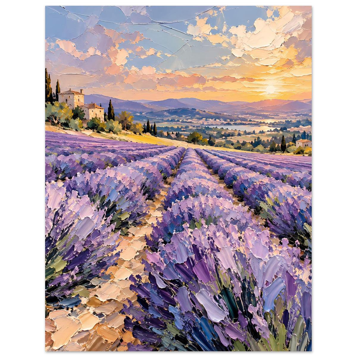 Vertikales Poster mit Lavendelfeld und Landschaft, warmes Abendhimmel-Coloring