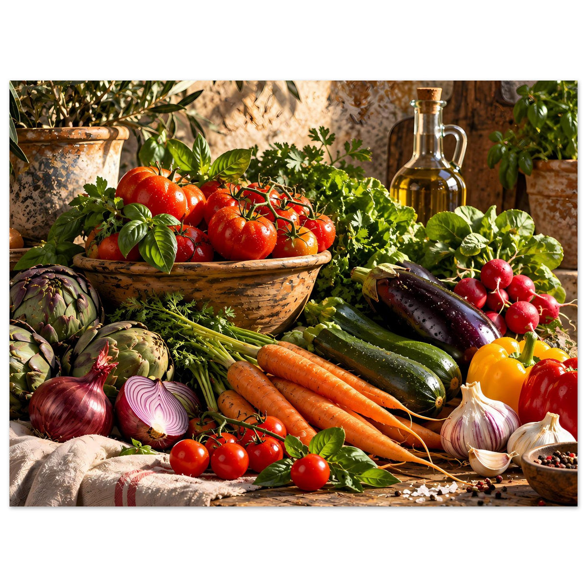 Querformat-Küchenposter mit Gemüse: Tomaten, Karotten, Zucchini, Zwiebeln, Ölflasche und Kräuter