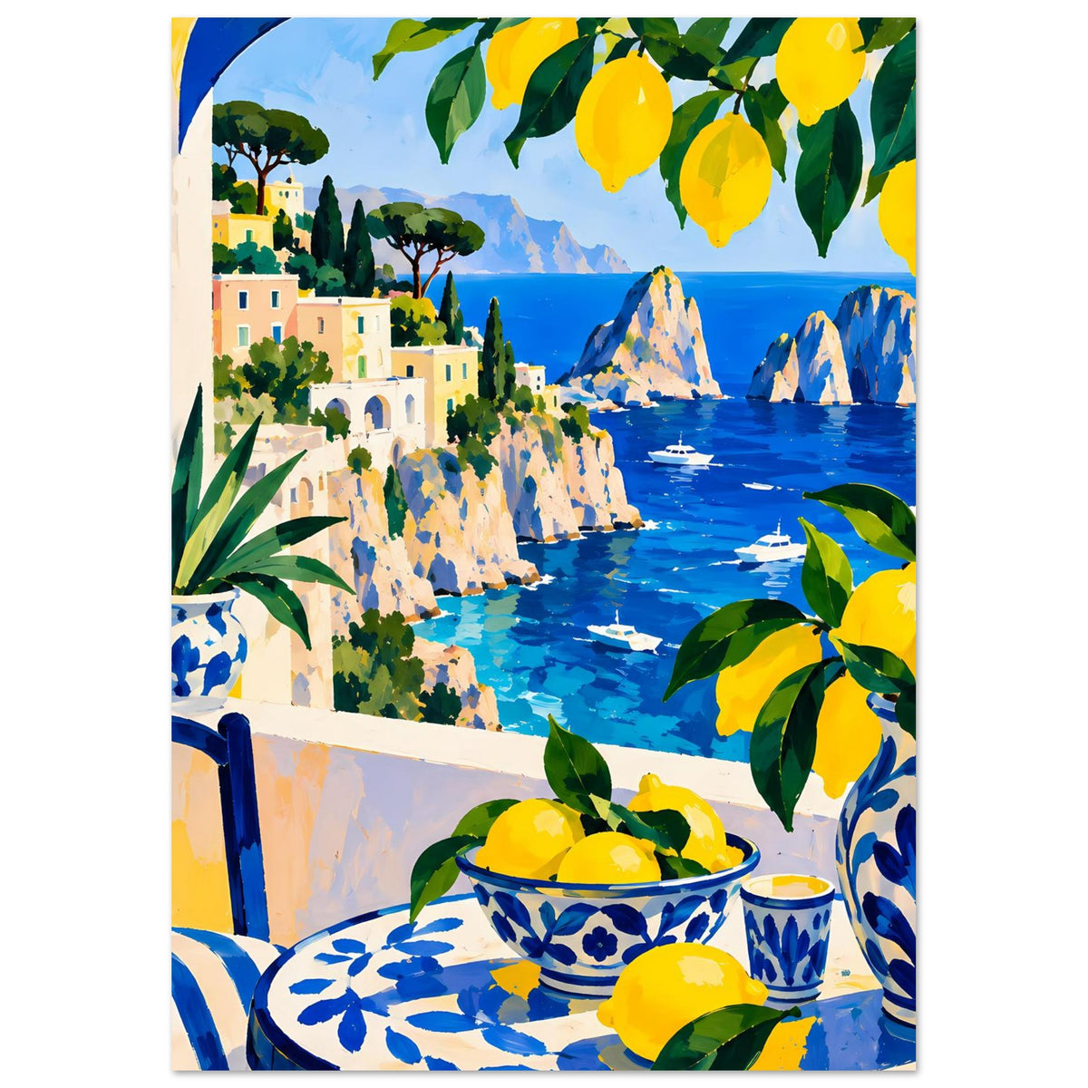 Kunstdruck Poster mit Zitronenmotiv, Meer und steiler Küste mit gelben Häusern