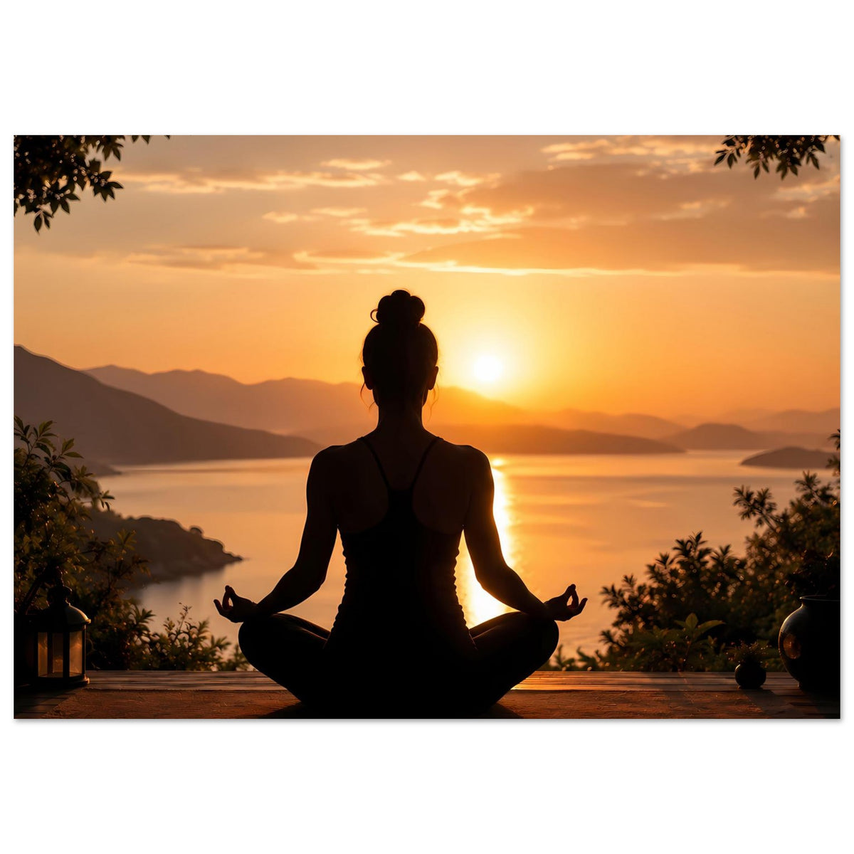 Meditationsposter zum Sonnenuntergang mit sitzender Yoga-Silhouette im Lotussitz und Sonnenuntergangshimmel