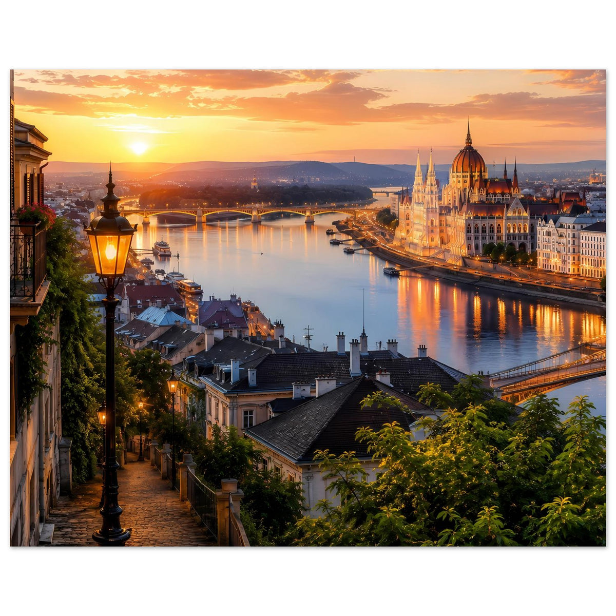 Stadtlandschaftsposter, Querformat: Sonnenuntergang über Fluss und Dom, beleuchtete Uferstadt