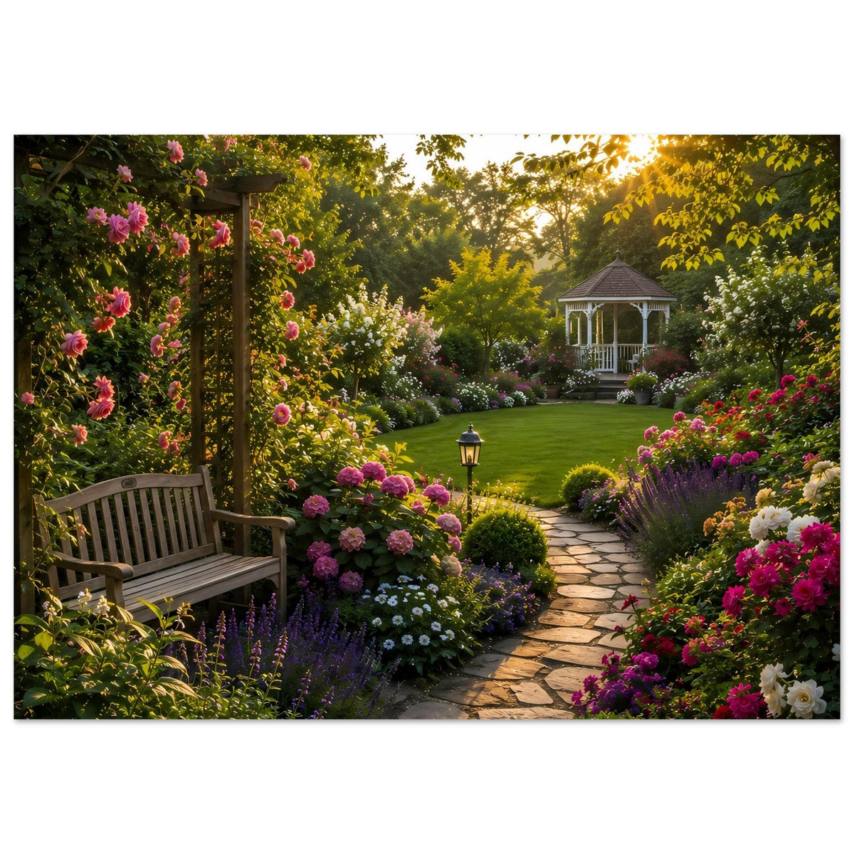 Horizontales Gartenposter: gepflasterter Pfad, Blumenbeete, Gartenlaterne und Pavillon