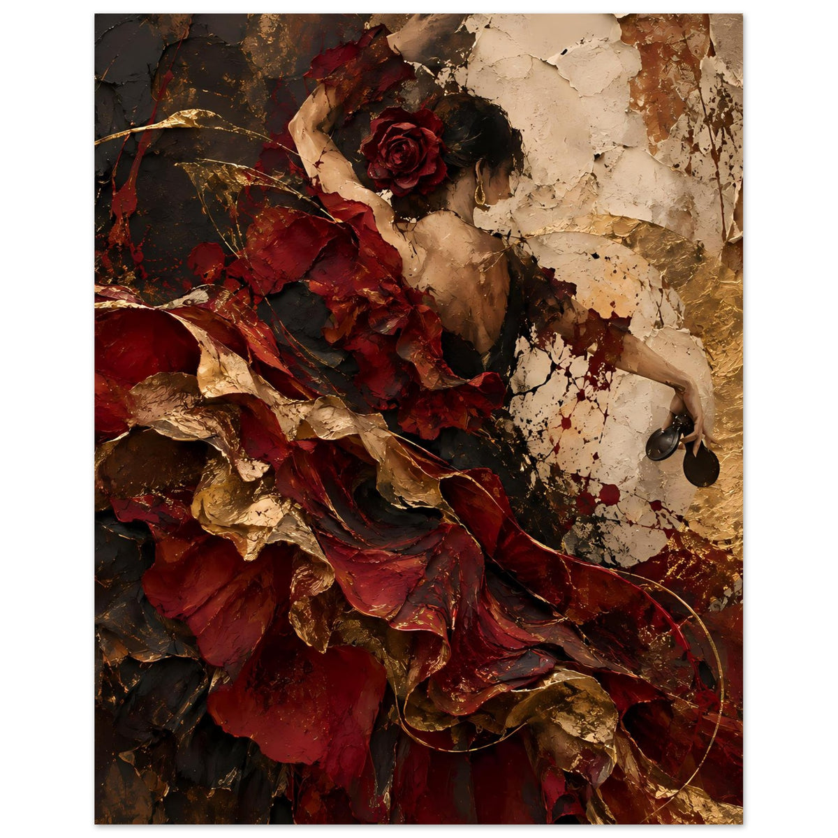 Wandkunst-Poster, Nahansicht der Flamenco-Tänzerin: rote Blumenrosette, goldene Akzente