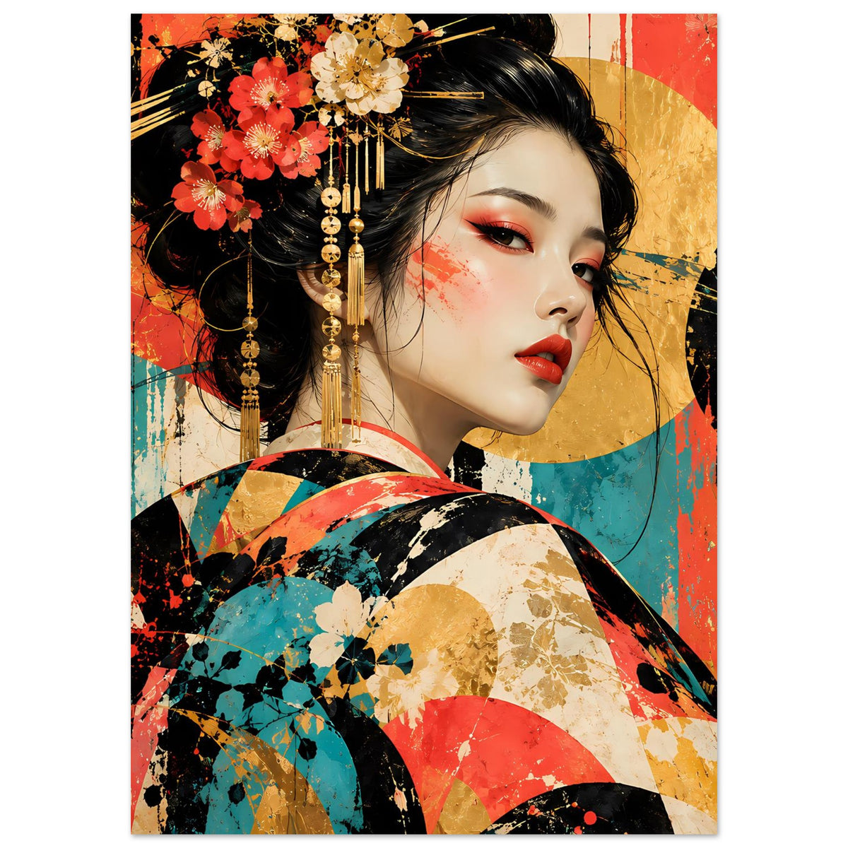 Kunstposter mit Geisha-Porträt, rote Lippen, Blüten im Haar und grafisches Gewand