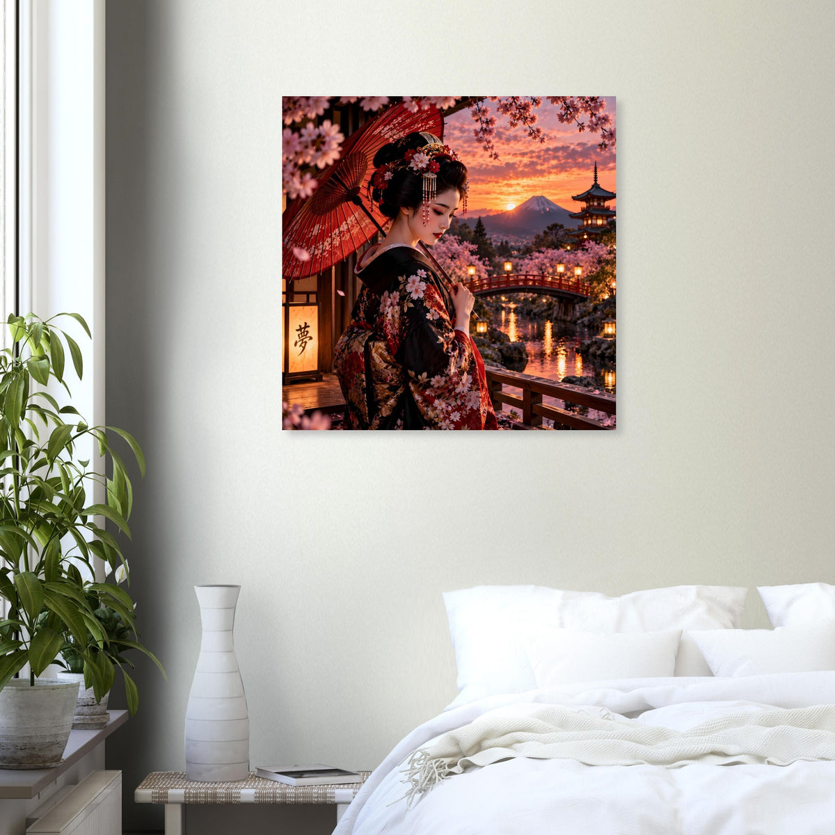 Poster mit Frau im Kimono am Aussichtsterrassenrand, roter Schirm und Kirschblüten