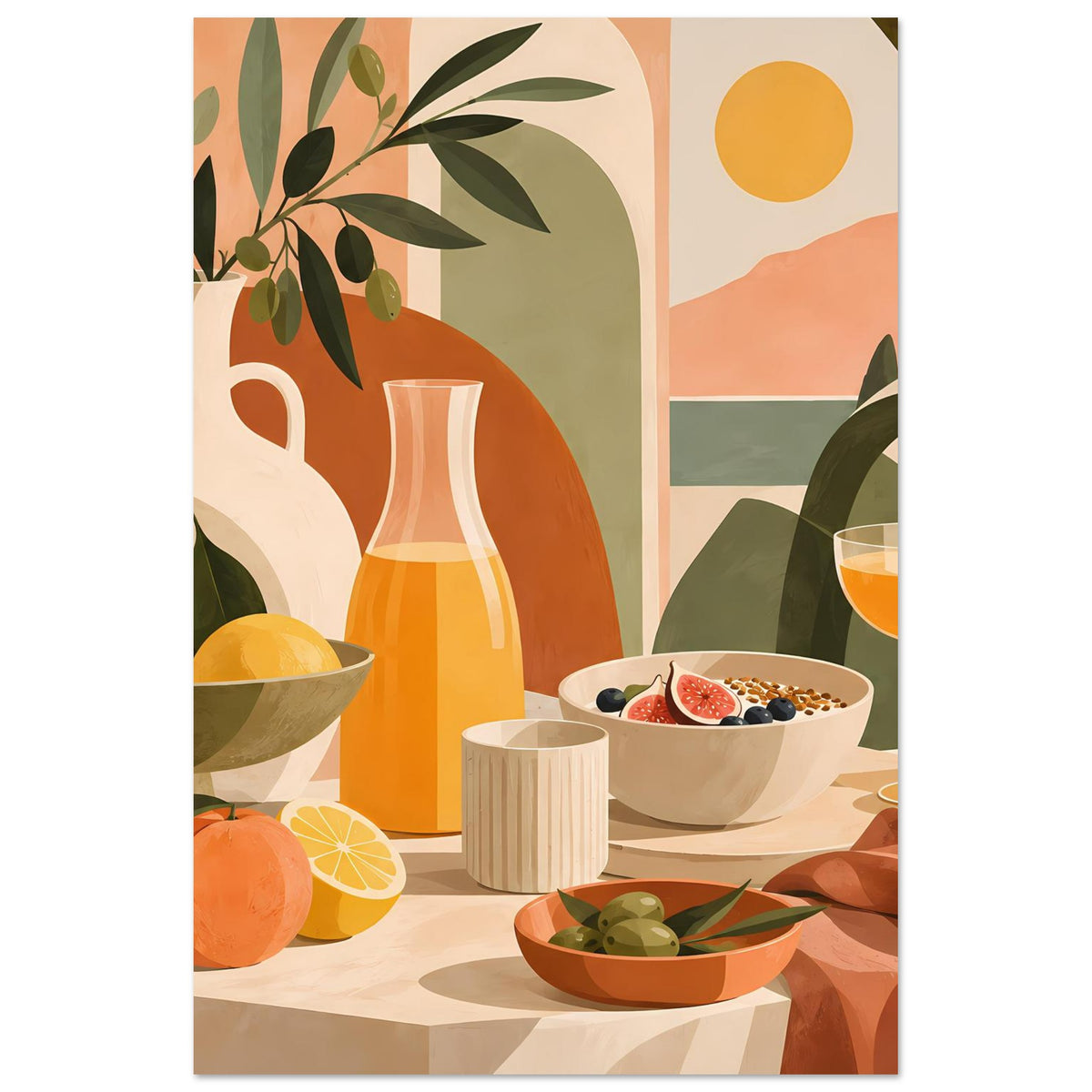 Still-Life-Poster, vertikal: Vase, Obstschale, Keramikbecher, Weinglas und Blattzweige
