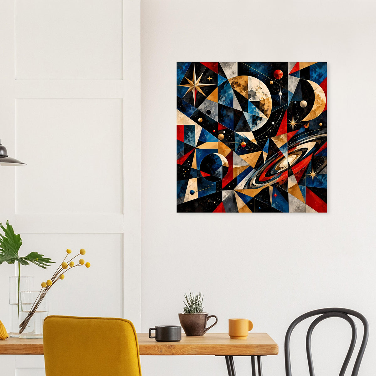 Abstraktes Weltraum-Poster mit großer Mondsichel, Sternen und geometrischen Flächen in Rot, Blau, Gold