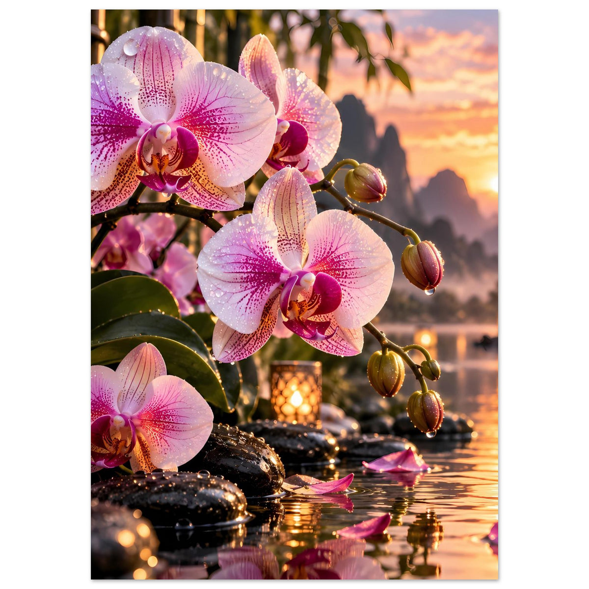 Poster mit rosa Orchideen an Kerzen und Blüten entlang des Seeufers