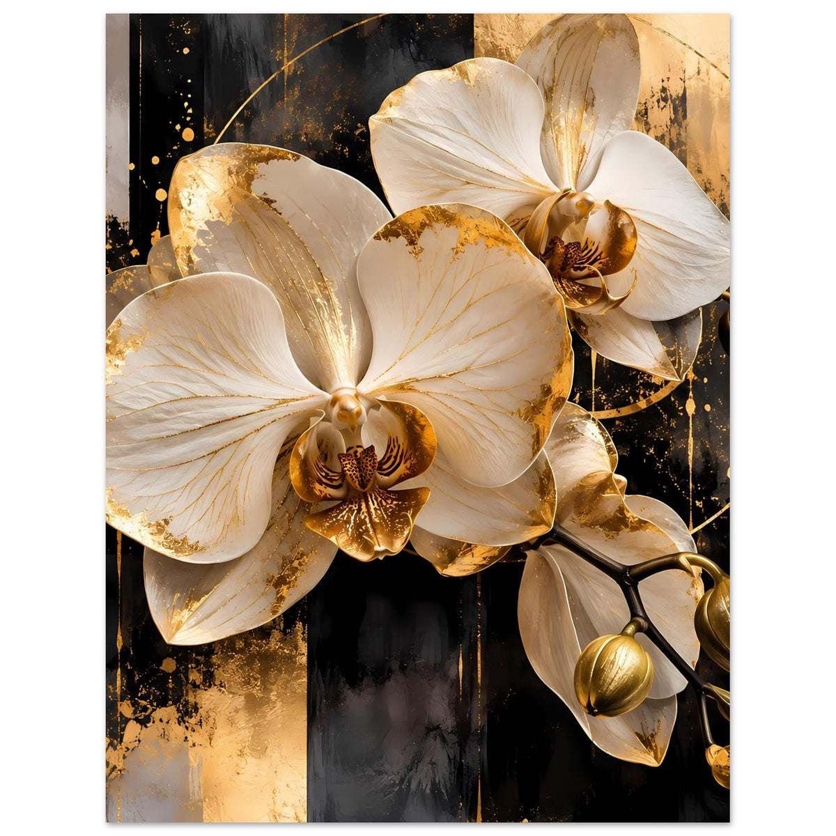 Orchideenposter mit weißen Blütenorchideen, goldenen Sprenkeln und goldfarbenen Knospen am Zweig