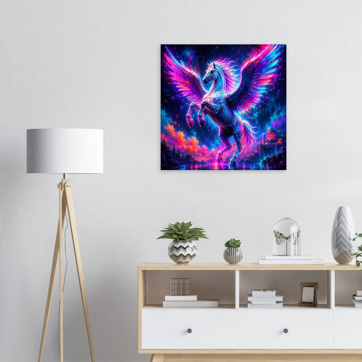 Quadratisches Pegasus-Poster mit leuchtenden Flügeln in Blau, Pink und Lila, schwarz gerahmt