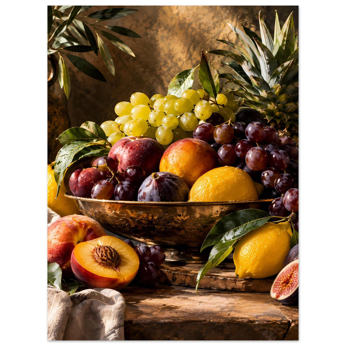 Obststillleben-Poster: Schale voller Trauben (hell/dunkel), Zitrusfrucht und Blätter
