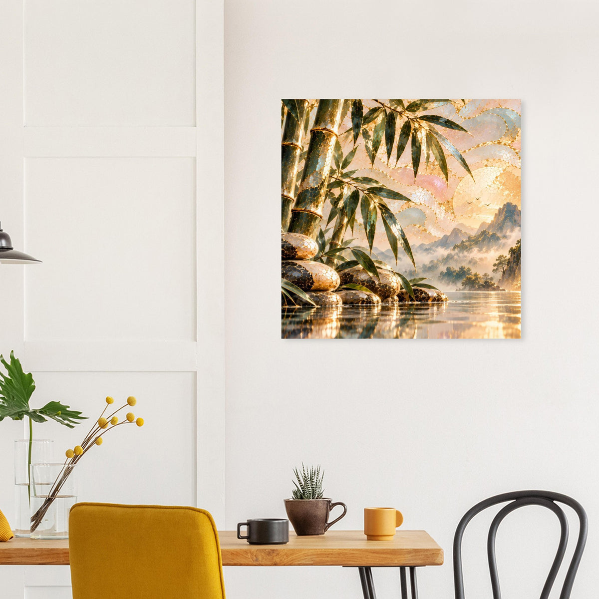 Poster mit Bambuswald, Wasserlinie und Zen-Steinen, warmes Gold-Glitzerdesign