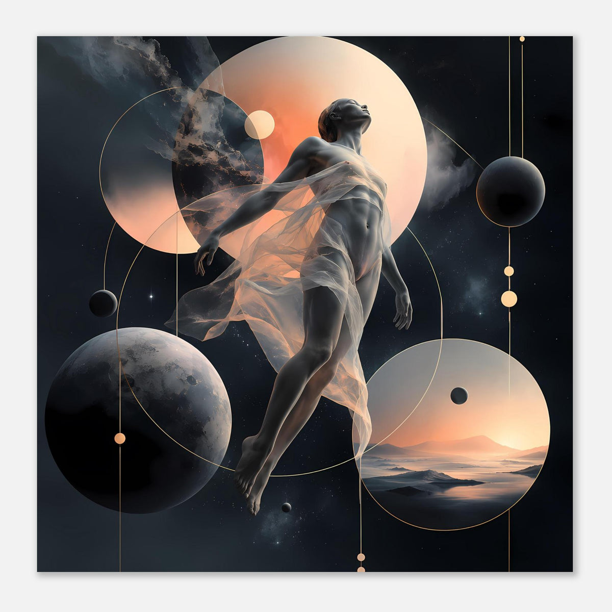 Abstraktes Poster im Hochformat, Fokus auf schwebender Figur und Mondkreisen