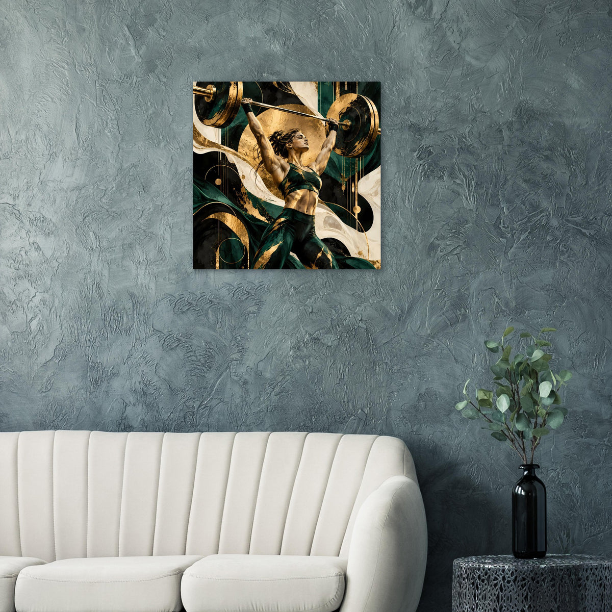 Quadratisches Kunstposter mit Frau und schwerer Langhantel, goldene Details, dunkelgrün.