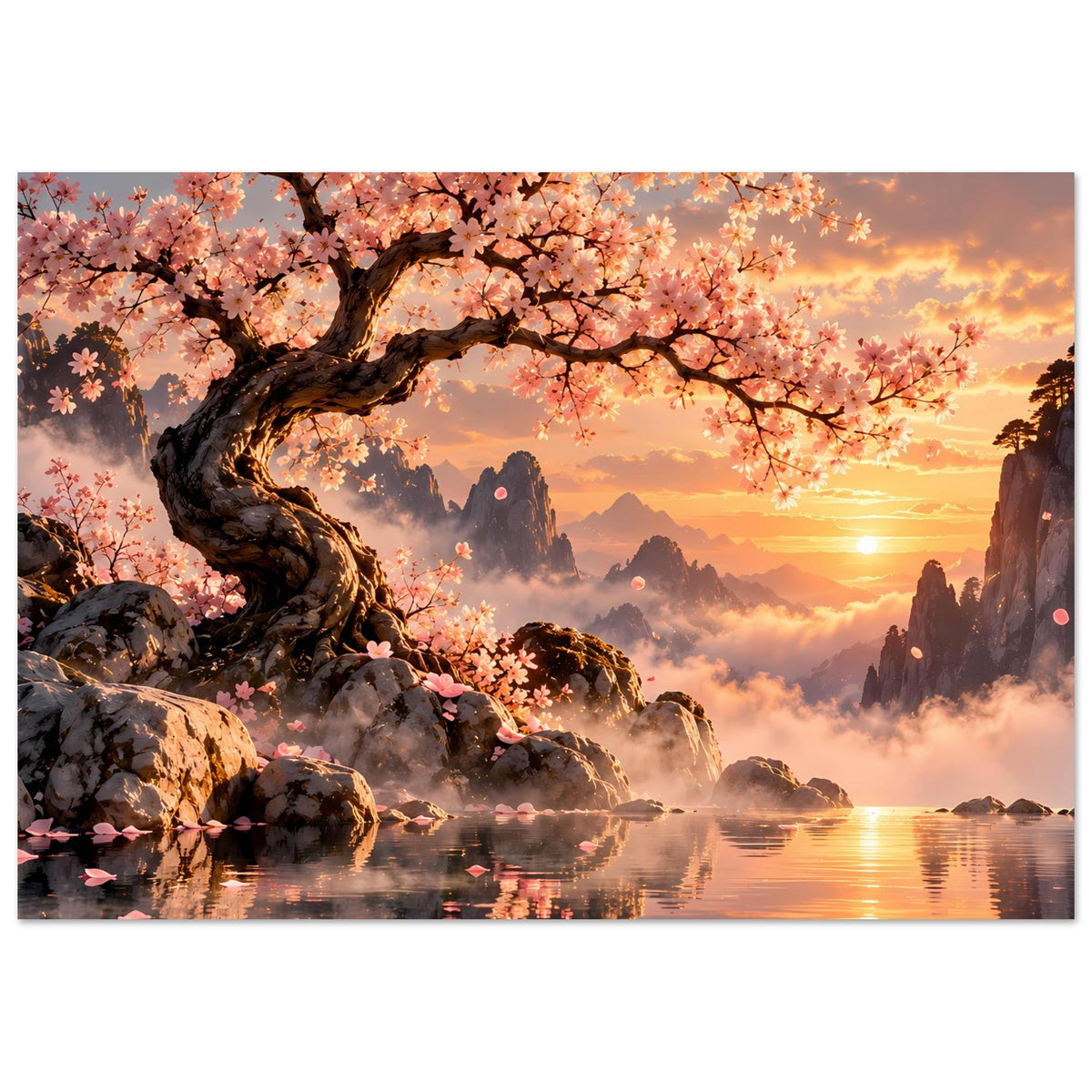 Querformat-Poster mit Kirschblüten über einem ruhigen See und Berglandschaft bei Abendsonne