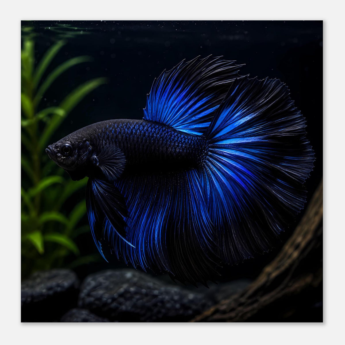 Poster mit blauem Kampffisch (Betta) mittig, ausgefächerte Schwanzflosse