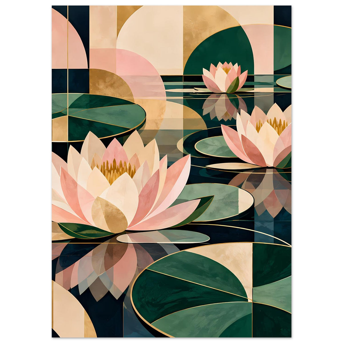 Poster mit Lotusblüten in Creme, Rosa und Grün, umrahmt von geometrischen Formen