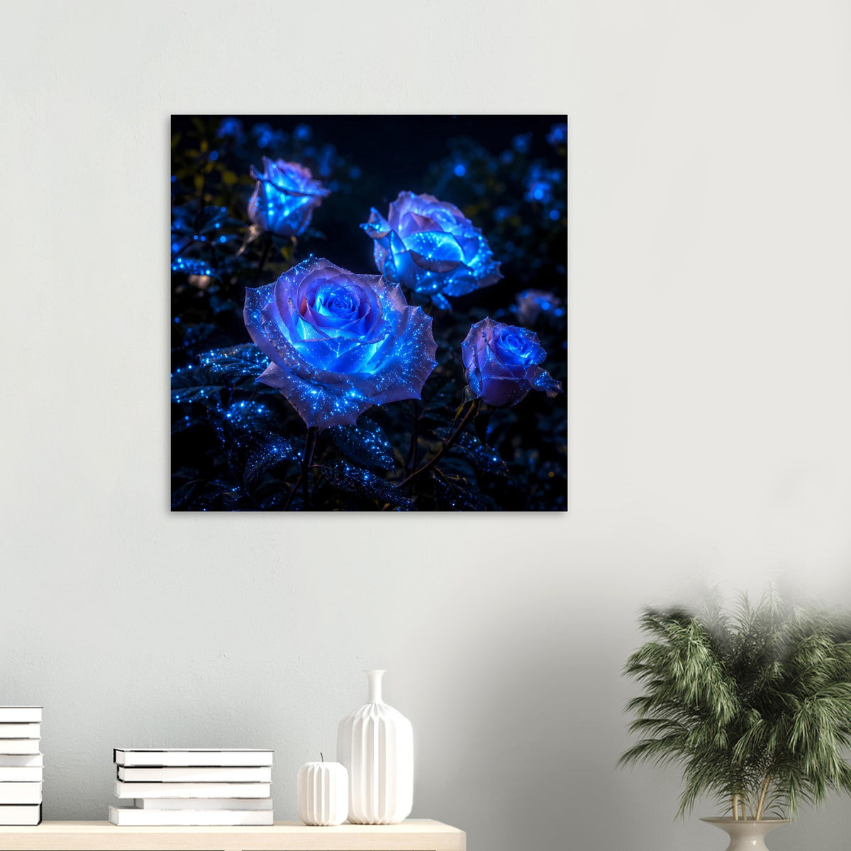Quadratisches Poster mit leuchtenden blauen Rosen im Sternenlicht, schwarze Einfassung