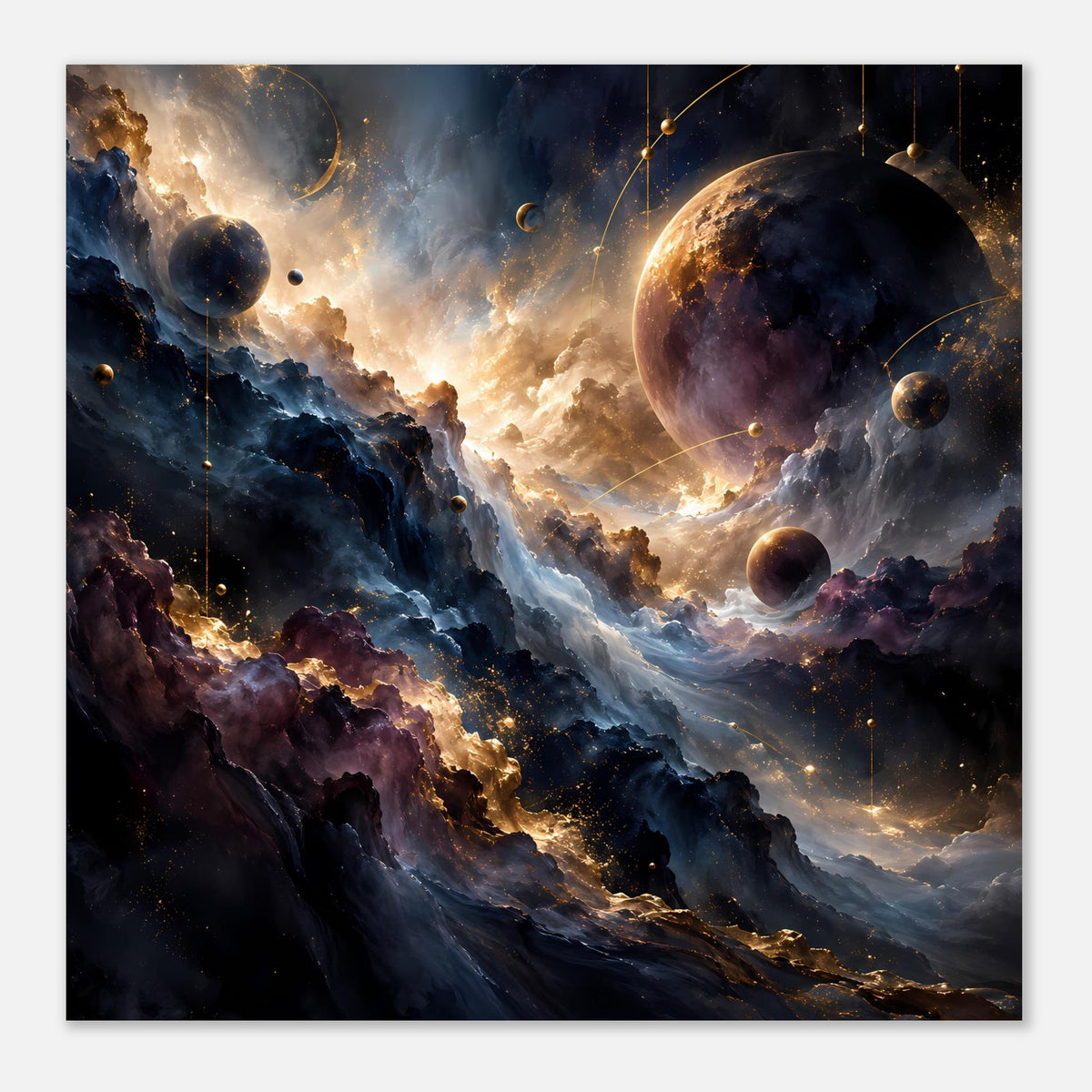 Weltraum-Kunstposter: Planeten, Nebel und Sterne in dunklen Blautönen mit warmem Leuchten