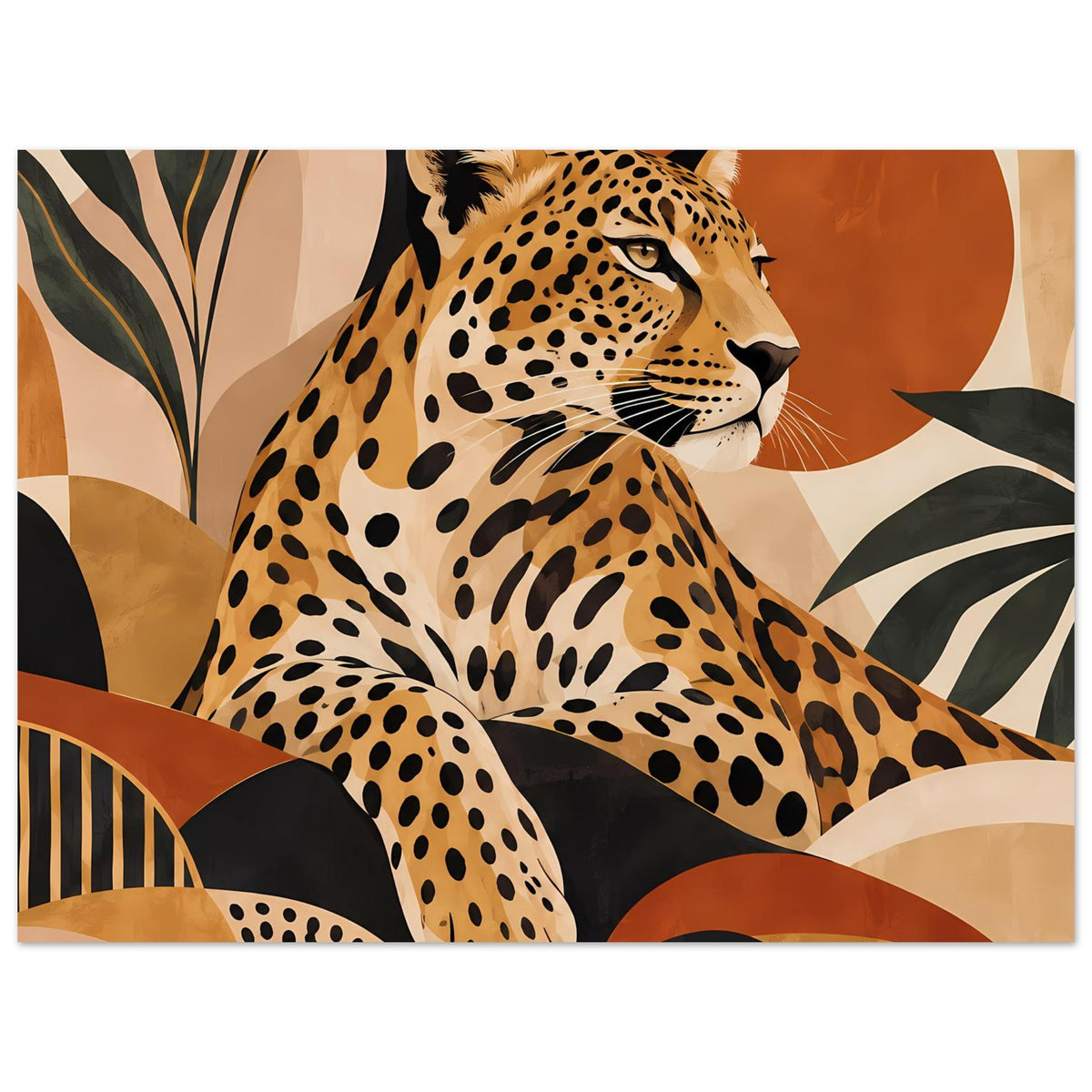 Leopard-Tierposter im Querformat: Vorderteil mit Pfote und Blick nach rechts