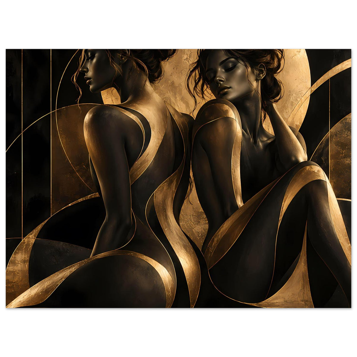 Kunstposter mit zwei Frauenakt-Silhouetten in Schwarz und Gold, Nahsicht auf Pose und goldene Linien