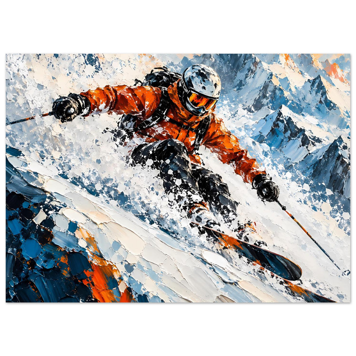Wintersport-Poster mit Skifahrer in Orange und Schwarz, dynamische Skiabfahrt auf blauen Hängen