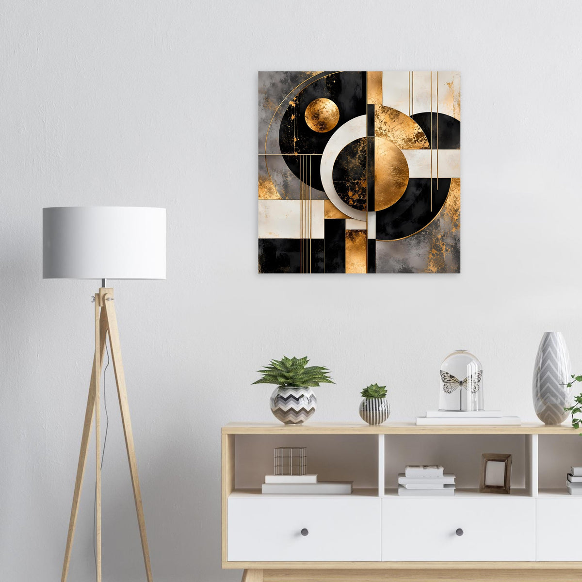 Quadratisches Wandposter mit abstrakter Geometrie: Kreise in Gold, Schwarz und Creme