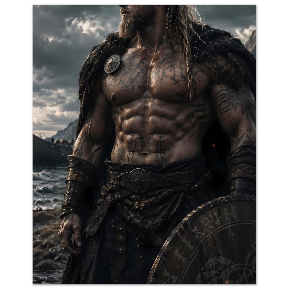 Fantasy-Poster: Wikingerkrieger mit Schild, tätowierte Brust, Ledergürtel und Fellmantel