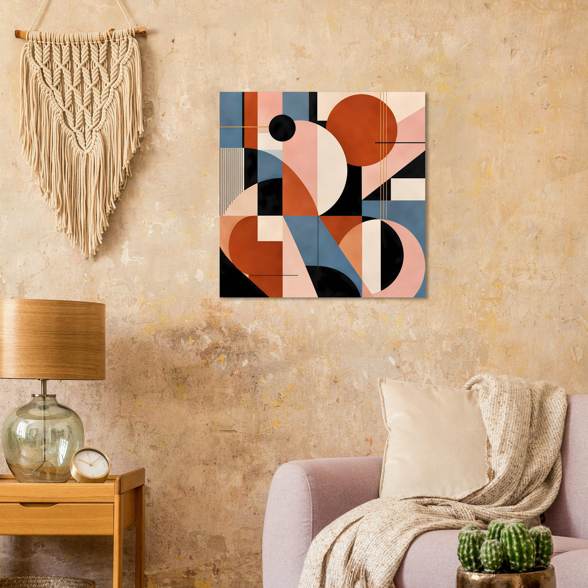 Abstrakter geometrischer Posterprint mit Terrakotta-, Blau- und Rosatönen, im Rahmen