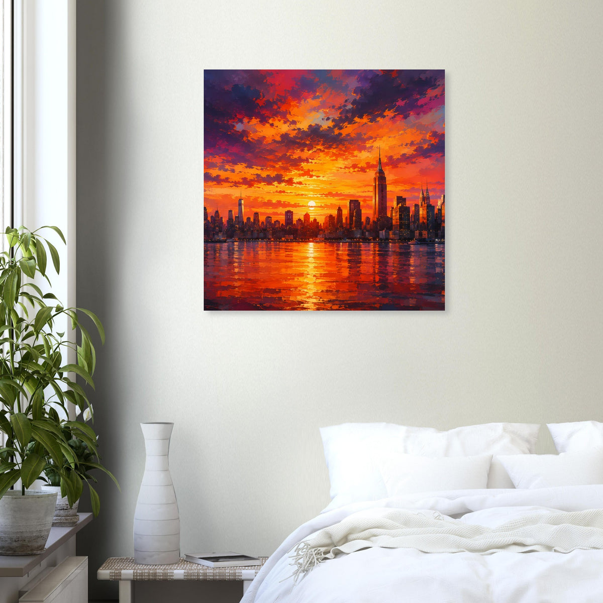Quadratisches Stadtposter: leuchtender Himmel über Skyline am Fluss, Sonnenreflexe, dunkler Rand