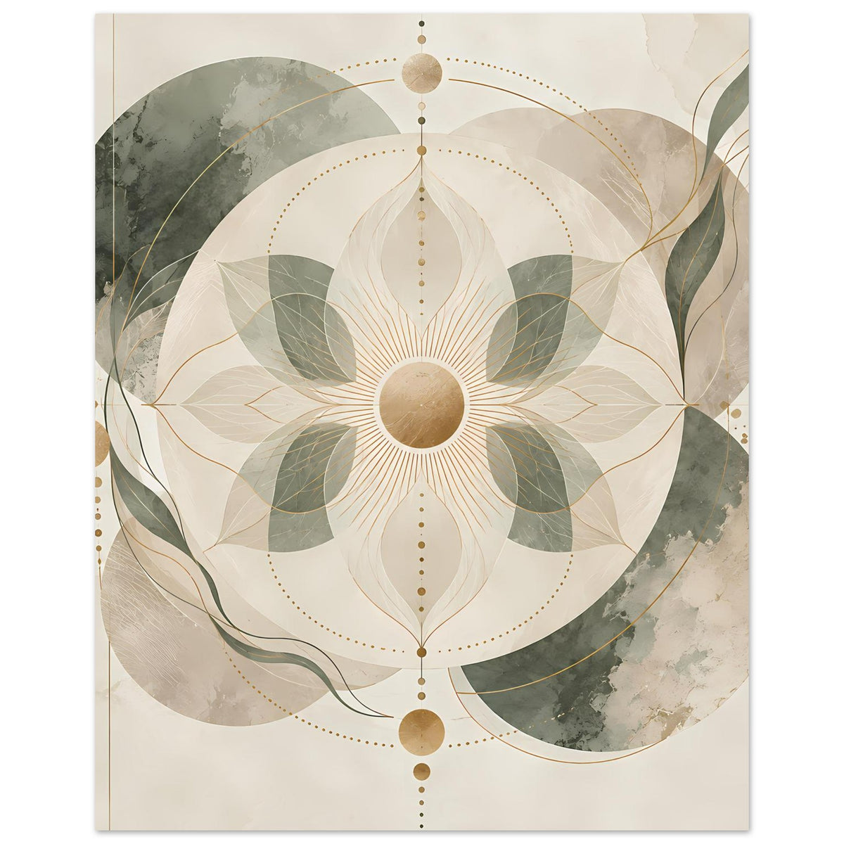 Beiges Mandala-Poster mit grünen Blättern, goldenen Ringen und zartem Linienornament