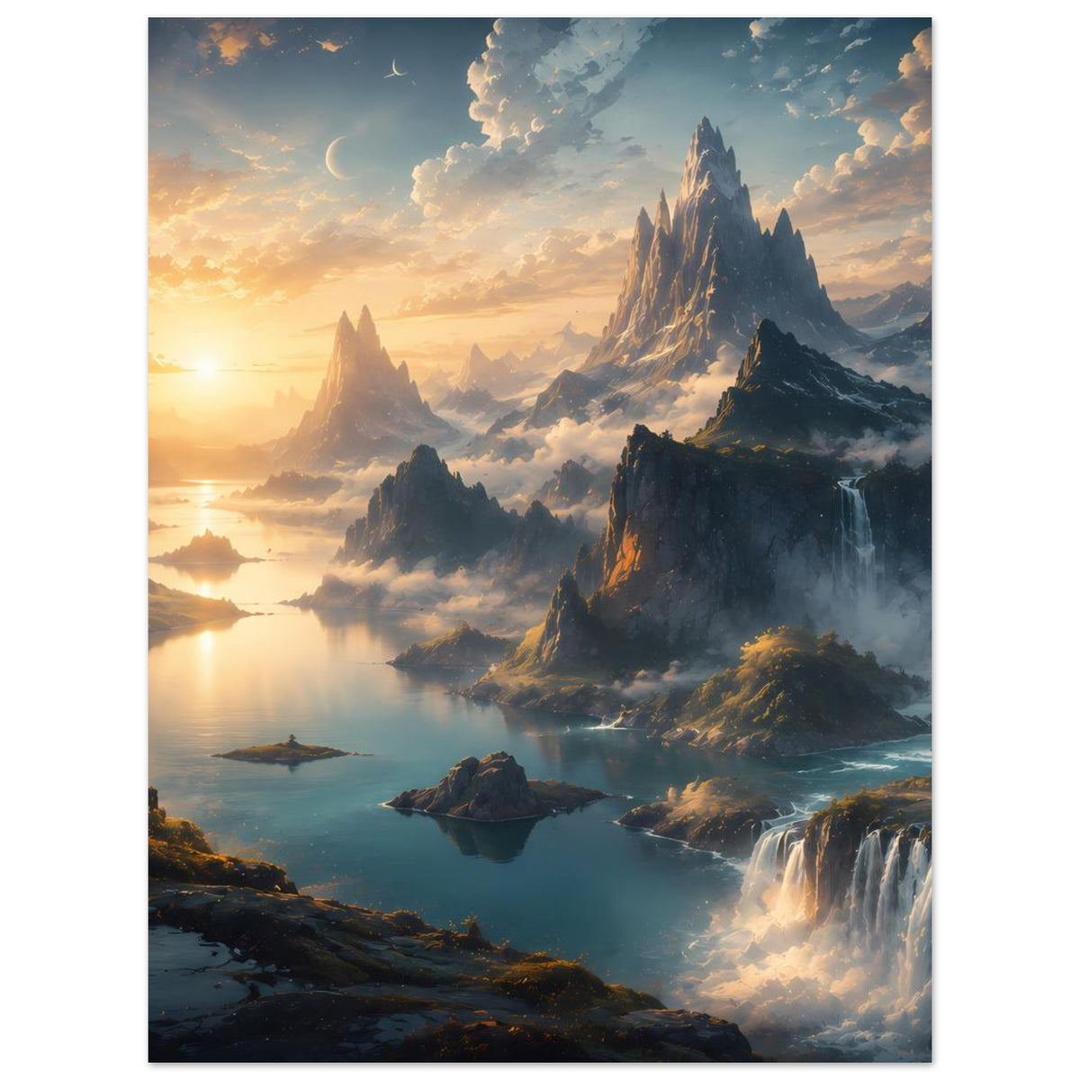 Landschafts-Poster mit mystischer Bergwelt, Fluss und Wasserfällen bei goldenem Morgenlicht