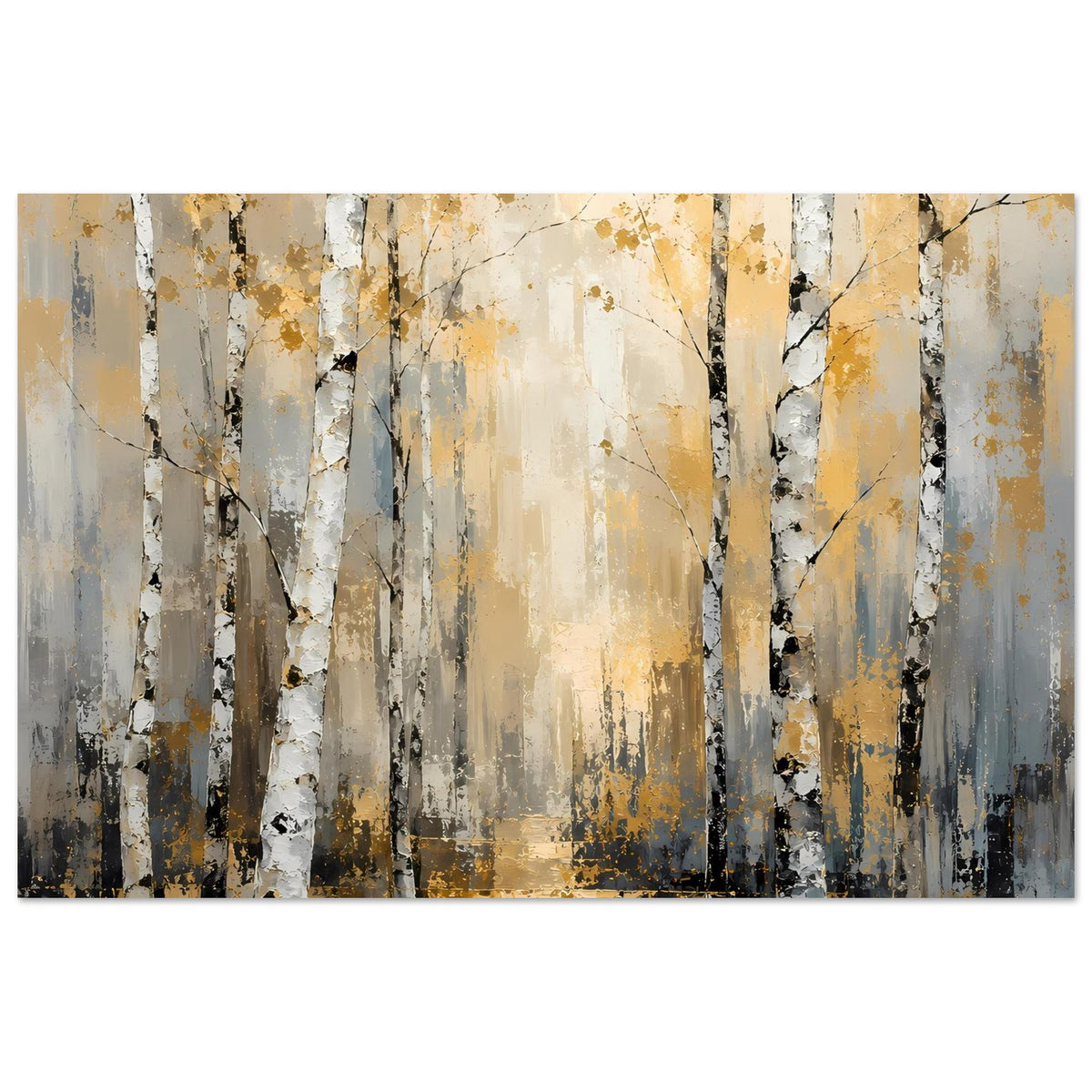 Poster mit Birkenwald-Motiv: weiße Stämme, goldene Akzente, blaue Schatten, abstrakte Textur