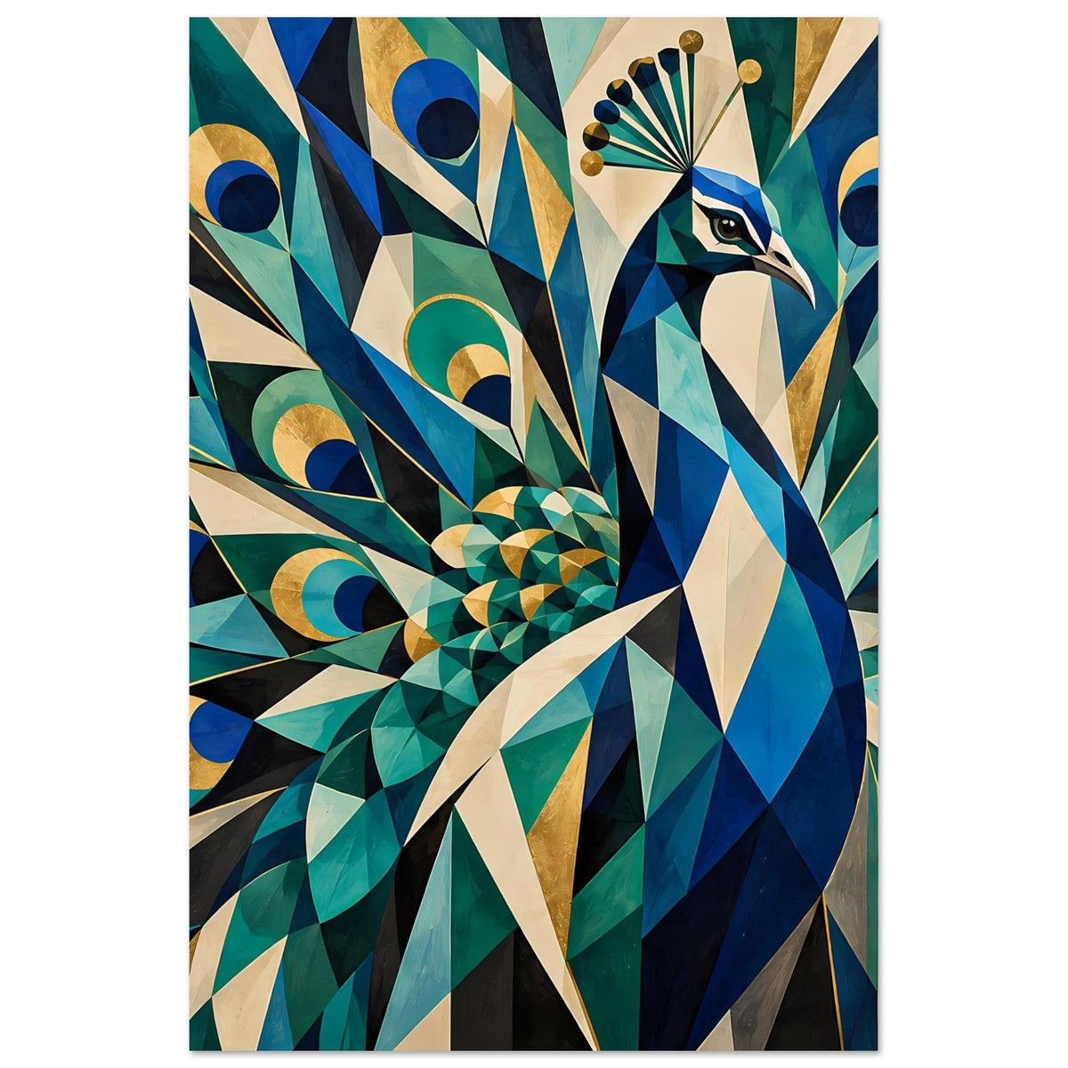 Poster mit geometrischem Pfau, blau-grünen Federn und goldenen Akzenten