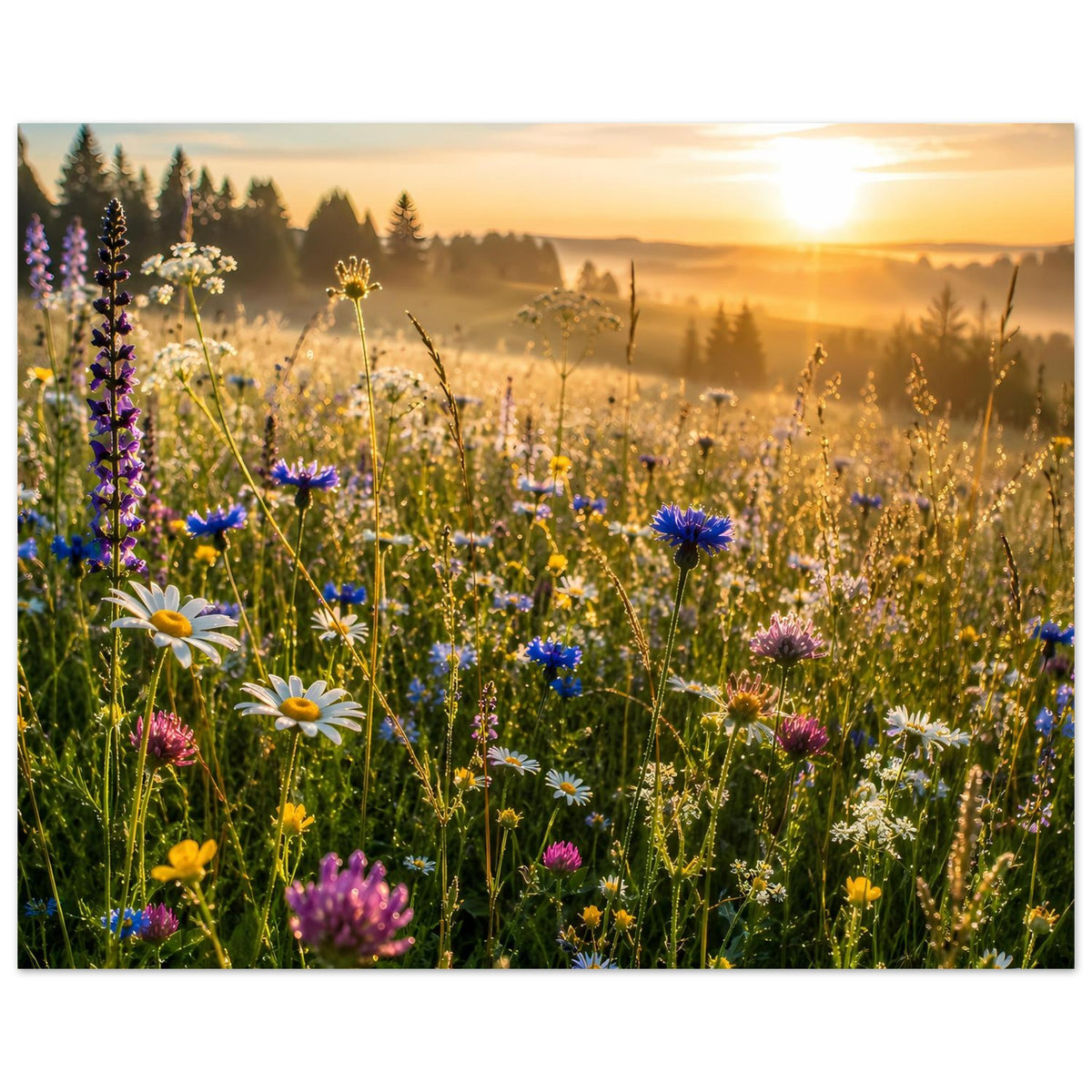 Poster mit Wildblumenwiese: dichtes Blumenmeer mit gelben und blauen Akzenten