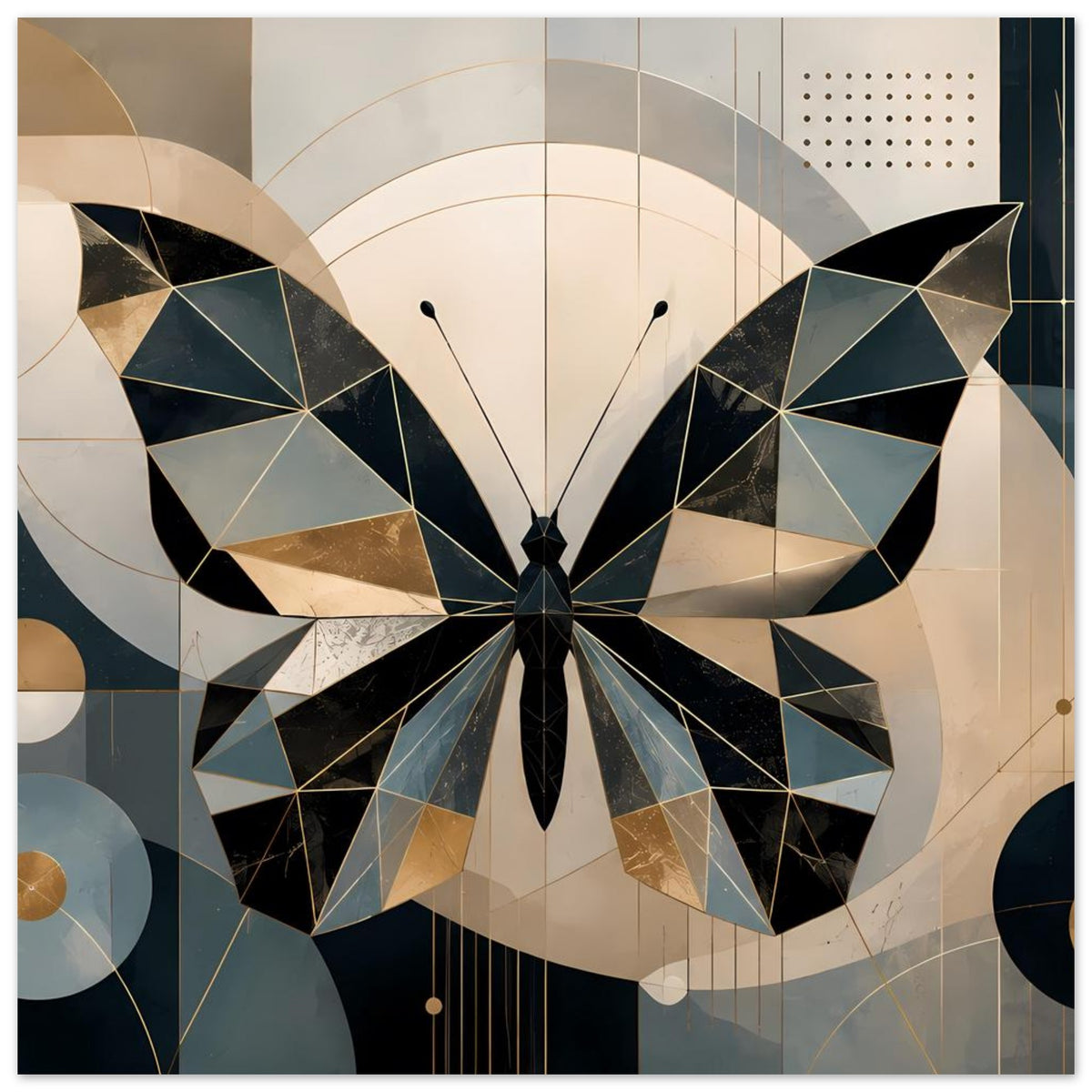 Poster mit geometrischem Schmetterling in Petrol und Gold, Flügel mit Kreismustern
