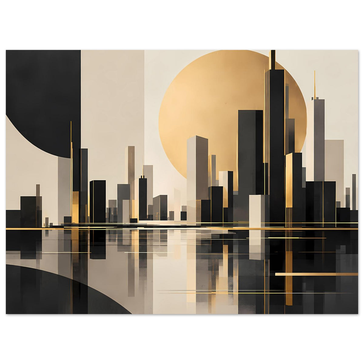Abstraktes Art-Déco-Poster mit Stadtlandschaft in Gold, Schwarz und Beige