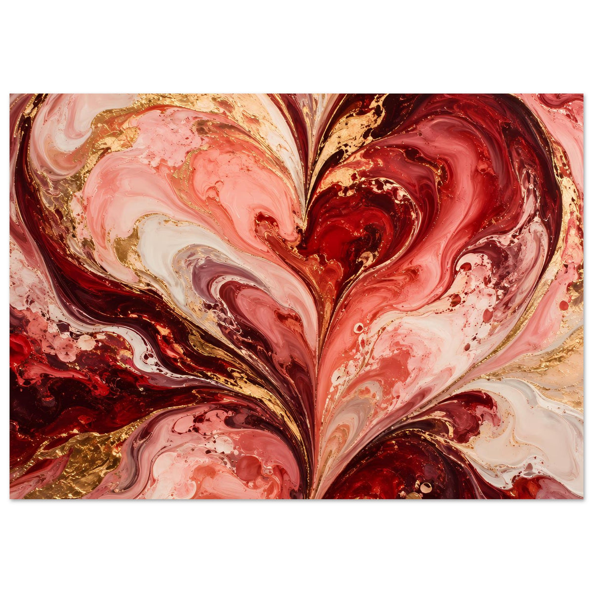 Liebesposter, nahes Motiv: abstraktes Herz in Rot, Rosa und Gold mit Goldlinien