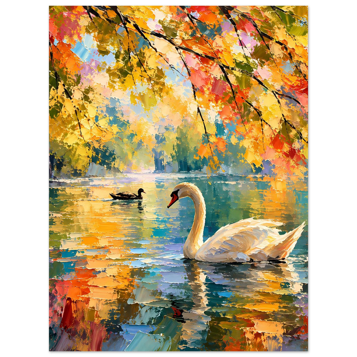 Herbstposter mit weißem Schwan und kleinem Wasservogel auf buntem See, farbige Blätter