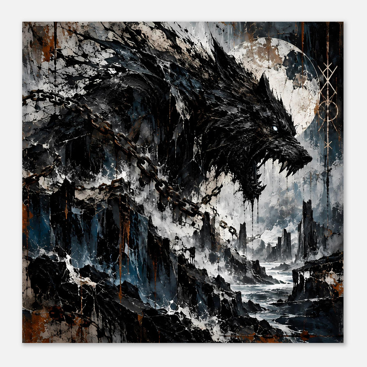 Wolfskopf-Poster mit Vollmond, Kettenmotiv, zerfallenen Gebäuden und Küstenwellen