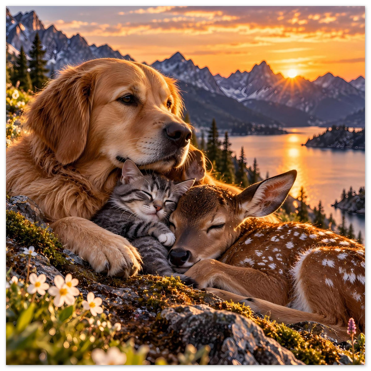 Hochformat-Poster: Hund, Katze und Reh in Nahansicht, warme Sonnenstrahlen über der Landschaft