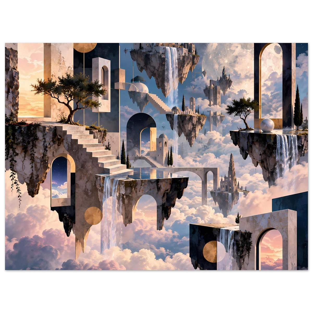 Surreales Poster mit schwebenden Inseln, Türöffnungen, Mond über dichtem Wolkenmeer