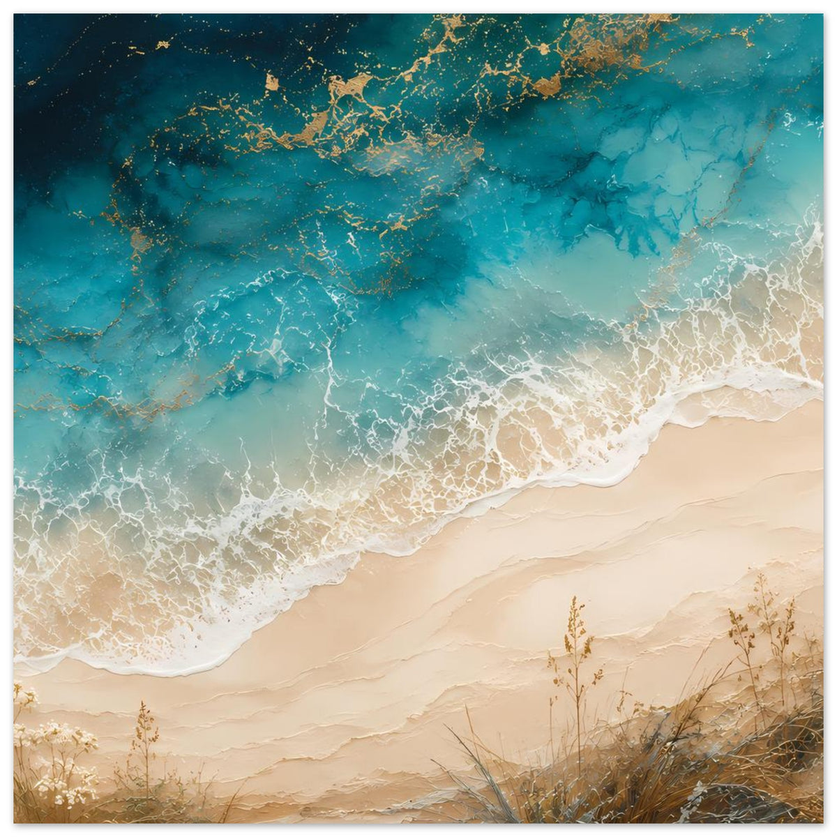 Küstenposter im Nahblick: türkisblaues Wasser, goldene Sprenkel und weißer Schaum