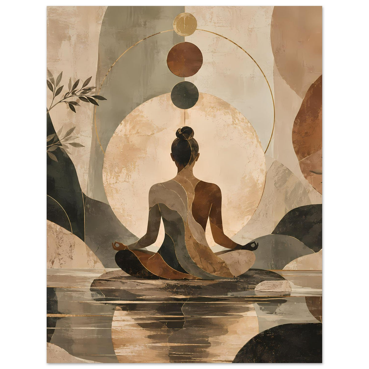 Poster mit Yogafigur im Kreis, Erdtöne, abstrahierte Blätter links und runde Kreislinie