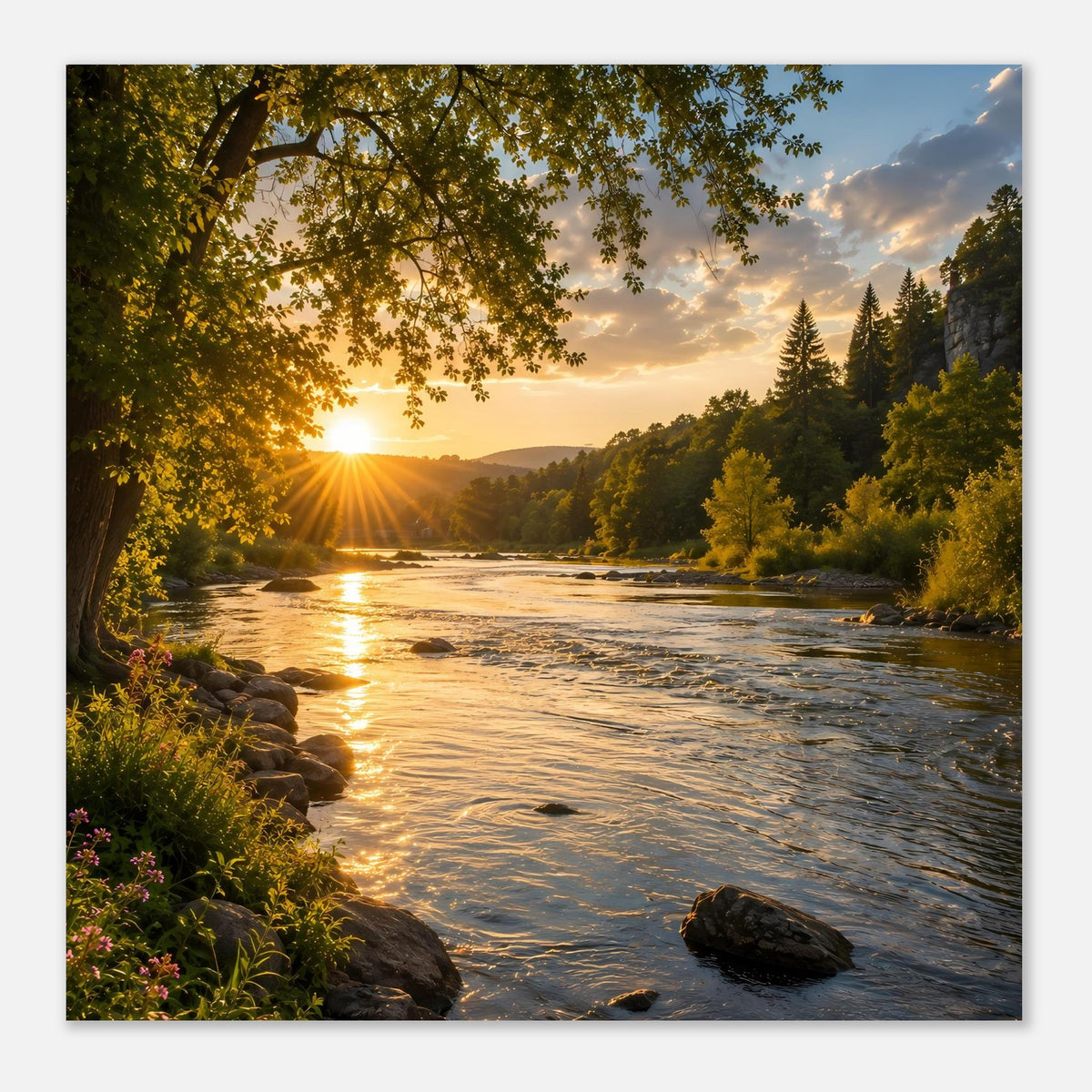 Naturposter im Hochformat mit Fluss und goldenem Sonnenaufgang, Uferbäume