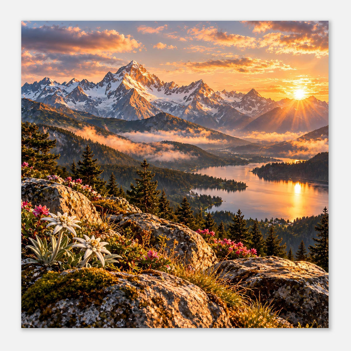 Quadratisches Landschaftsposter mit Sonnenaufgang, Berggipfeln, See und Tannenwald