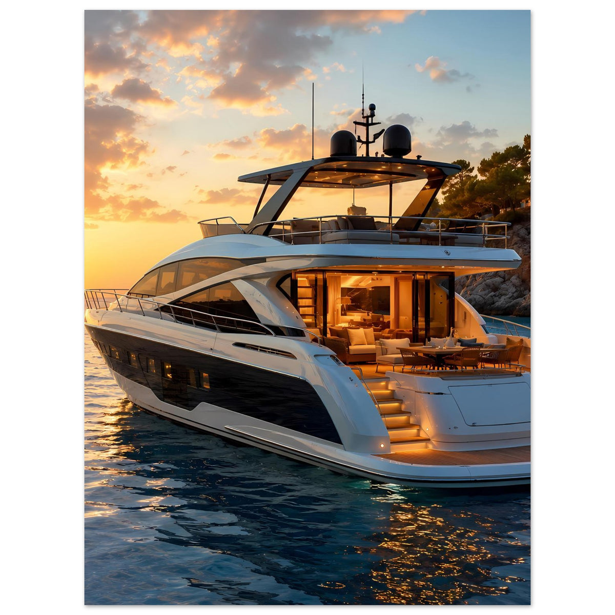 Poster: weiße Luxus-Motoryacht mit beleuchtetem Deck, seitlich-vorderer Blick